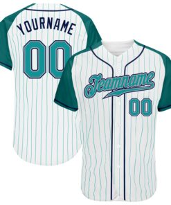 Custom White Aqua Pinstripe Aqua-Navy Authentic Raglan Sleeves Baseball Jersey