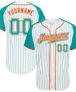 Custom White Aqua Pinstripe Aqua-Orange Authentic Raglan Sleeves Baseball Jersey