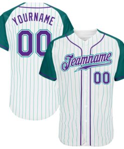 Custom White Aqua Pinstripe Purple-Aqua Authentic Raglan Sleeves Baseball Jersey