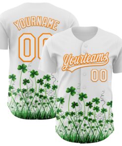 Custom White Bay Orange-Green 3D St. Patrick's Day Shamrock Authentic Baseball Jersey