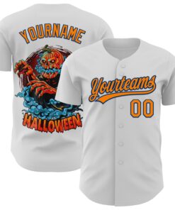 Custom White Bay Orange-US Navy Blue 3D Pattern Halloween Authentic Baseball Jersey