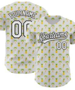 Custom White Black 3D Hawaii Tropical Palm Tree And Fruit Pineapple Authentic Baseball Jersey