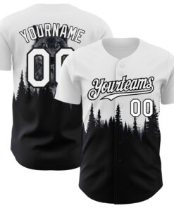Custom White Black 3D Pattern Design Animal Wolf Authentic Baseball Jersey
