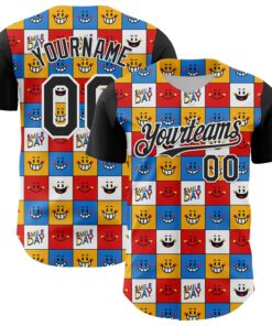 Custom White Black 3D Pattern Design Funny Cartoon Emoji Smile Face Authentic Baseball Jersey
