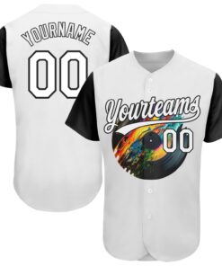 Custom White Black 3D Pattern Design Music Festival Record With Colorful Splatter Authentic Baseball Jersey