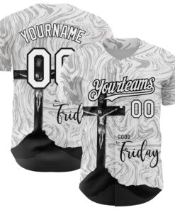 Custom White Black 3D Pattern Design Religion Cross Jesus Christ Good Friday Authentic Baseball Jersey