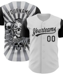 Custom White Black 3D Pattern Halloween Skull Authentic Baseball Jersey