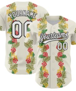 Custom White Black 3D Tropical Hawaii Leaves And Flower Authentic Baseball Jersey