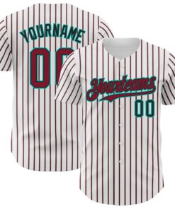 Custom White (Black Crimson Pinstripe) Crimson Black-Aqua Authentic Baseball Jersey