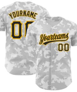 Custom White Black-Gold 3D Pattern Design Curve Lines Authentic Baseball Jersey