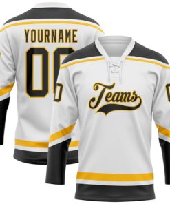 Custom White Black-Gold Hockey Lace Neck Jersey