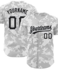 Custom White Black-Gray 3D Pattern Design Curve Lines Authentic Baseball Jersey