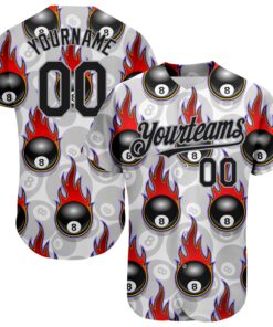 Custom White Black-Gray 3D Pattern Design Flaming Billiards Snooker 8 Ball Authentic Baseball Jersey