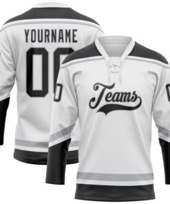 Custom White Black-Gray Hockey Lace Neck Jersey
