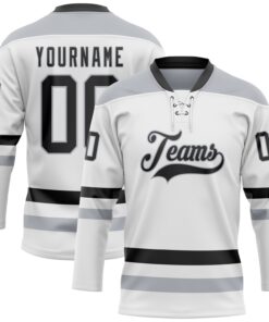Custom White Black-Gray Hockey Lace Neck Jersey