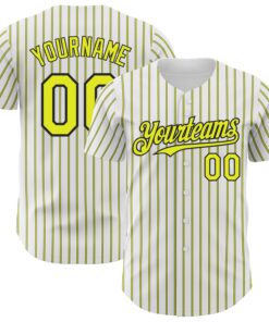 Custom White (Black Neon Yellow Pinstripe) Silver-Black Authentic Baseball Jersey