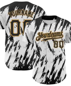Custom White Black-Old Gold 3D Pattern Design Abstract Sharp Shape Authentic Baseball Jersey