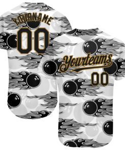 Custom White Black-Old Gold 3D Pattern Design Bowling Ball With Hotrod Flame Authentic Baseball Jersey