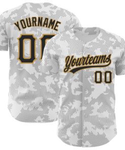 Custom White Black-Old Gold 3D Pattern Design Curve Lines Authentic Baseball Jersey
