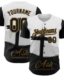 Custom White Black-Old Gold 3D Pattern Design Religion Cross Jesus Christ Ash Wednesday Authentic Baseball Jersey