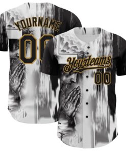 Custom White Black-Old Gold 3D Pattern Design Religion Jesus Christ Authentic Baseball Jersey