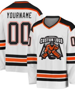 Custom White Black-Orange Hockey Jersey