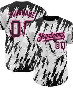 Custom White Black-Pink 3D Pattern Design Abstract Sharp Shape Authentic Baseball Jersey