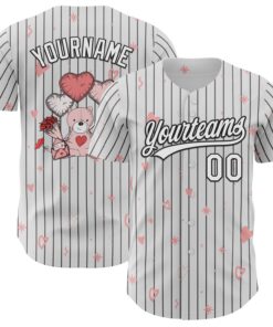Custom White Black Pinstripe Black 3D Love Heart Valentine's Day Authentic Baseball Jersey