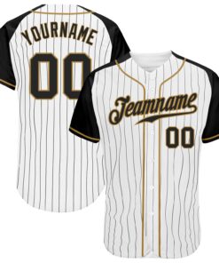 Custom White Black Pinstripe Black-Old Gold Authentic Raglan Sleeves Baseball Jersey