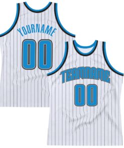 Custom White Black Pinstripe Blue-Gray Authentic Basketball Jersey