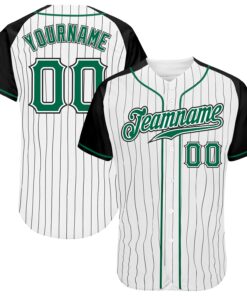 Custom White Black Pinstripe Kelly Green-Black Authentic Raglan Sleeves Baseball Jersey