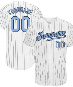 Custom White Black Pinstripe Light Blue-Black Authentic Baseball Jersey