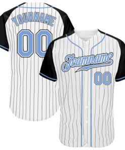 Custom White Black Pinstripe Light Blue-Black Authentic Raglan Sleeves Baseball Jersey
