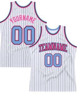 Custom White Black Pinstripe Light Blue-Pink Authentic Basketball Jersey