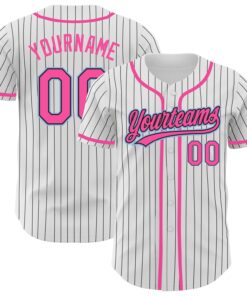 Custom White Black Pinstripe Pink-Light Blue Authentic Baseball Jersey