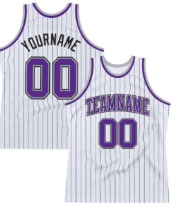 Custom White Black Pinstripe Purple-Gray Authentic Basketball Jersey