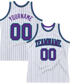 Custom White Black Pinstripe Purple-Teal Authentic Basketball Jersey