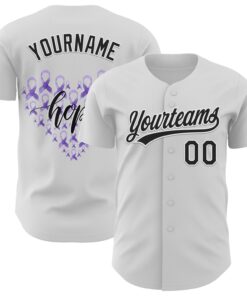 Custom White Black-Purple 3D Gastric Cancer Ribbon Authentic Baseball Jersey