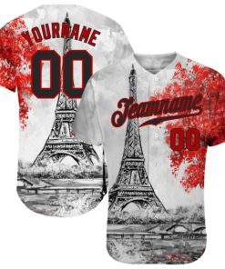 Custom White Black-Red 3D Pattern Design Eiffel Tower Authentic Baseball Jersey