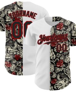 Custom White Black-Red 3D Pattern Design Vintage Tattoos Authentic Baseball Jersey
