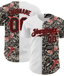 Custom White Black-Red 3D Pattern Design Vintage Tattoos Authentic Baseball Jersey