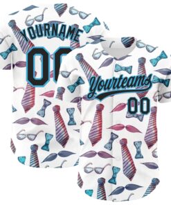Custom White Black-Sky Blue 3D Pattern Design Father's Day Mustache And Tie Authentic Baseball Jersey