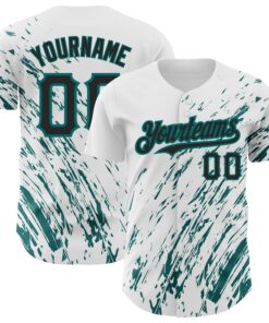Custom White Black-Teal 3D Pattern Design Abstract Splash Authentic Baseball Jersey
