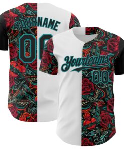 Custom White Black-Teal 3D Pattern Design Vintage Tattoos Authentic Baseball Jersey