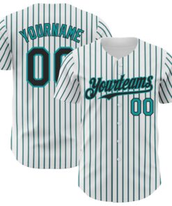 Custom White (Black Teal Pinstripe) Black-Teal Authentic Baseball Jersey
