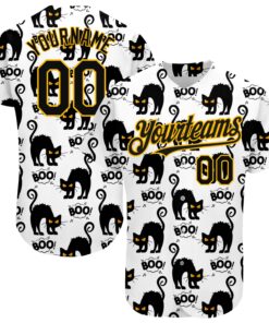 Custom White Black-Yellow 3D Pattern Design Cat Authentic Baseball Jersey