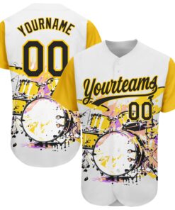 Custom White Black-Yellow 3D Pattern Design Music Festival Abstract Drum Set In Splash Authentic Baseball Jersey