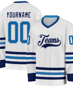 Custom White Blue Navy-Gray Hockey Jersey