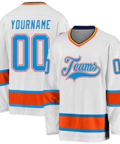 Custom White Blue-Orange Hockey Jersey