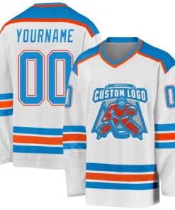 Custom White Blue-Orange Hockey Jersey